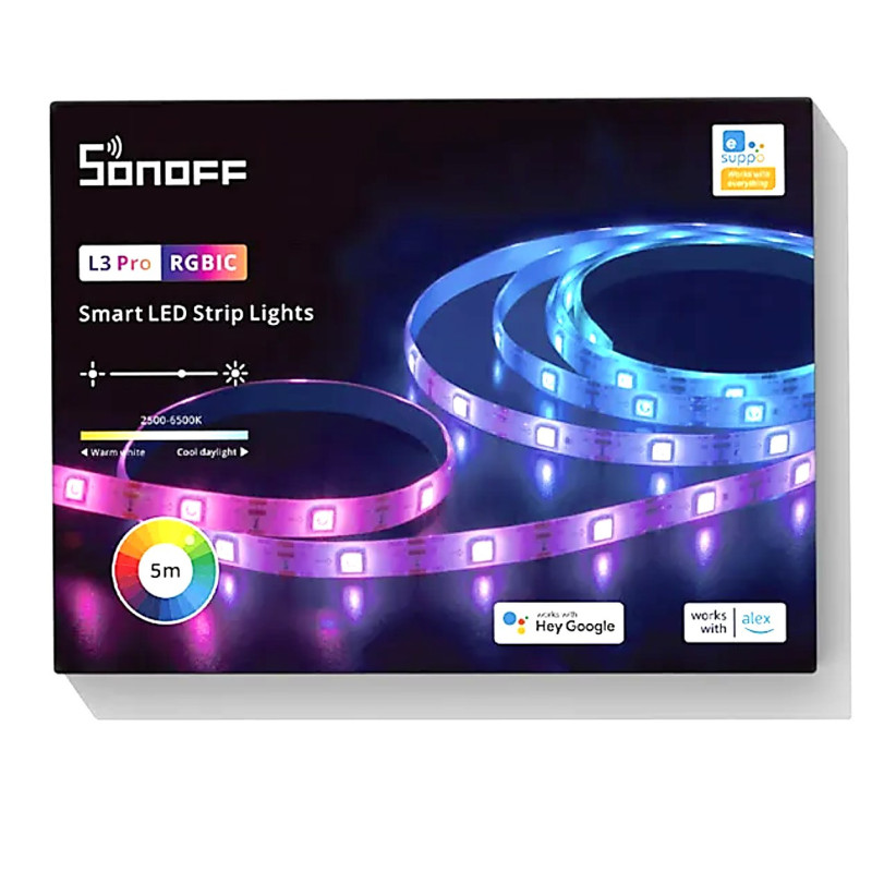„Wi-Fi“ LED šviesos juosta: RGB-IC diodai, 5 m, mikrofonas muzikos sinchronizavimui, maitinimo šaltinis per USB-C.