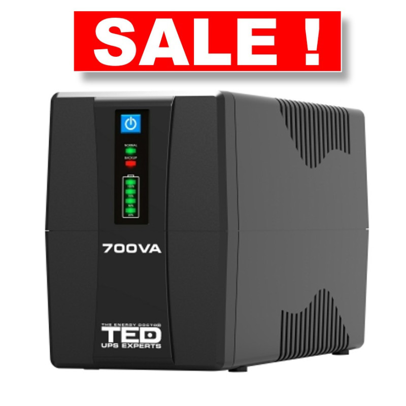 700 VA 400 W UPS – linijinis interaktyvumas – LED ekranas – 2 išėjimai, 12 V – 7 Ah baterija
