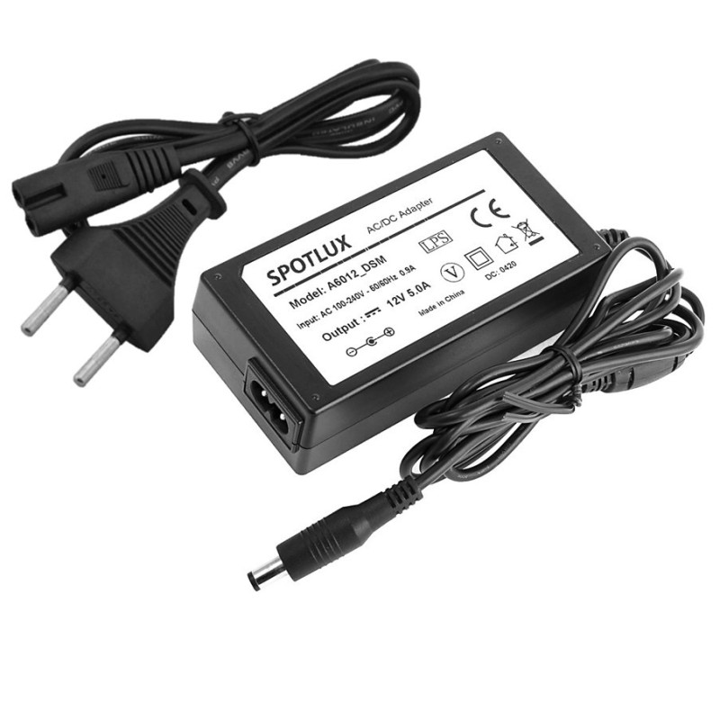Power supply 60W 12V 5A 5.5 / 2.5mm IP20 Plastic desktop Spotlux cable included