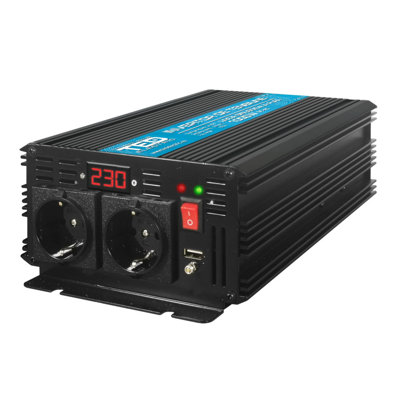 1000 / 2000 W grynos sinusinės bangos galios keitiklis, 12 V į 230 V, 2 išėjimai + USB, skaitmeninis ekranas