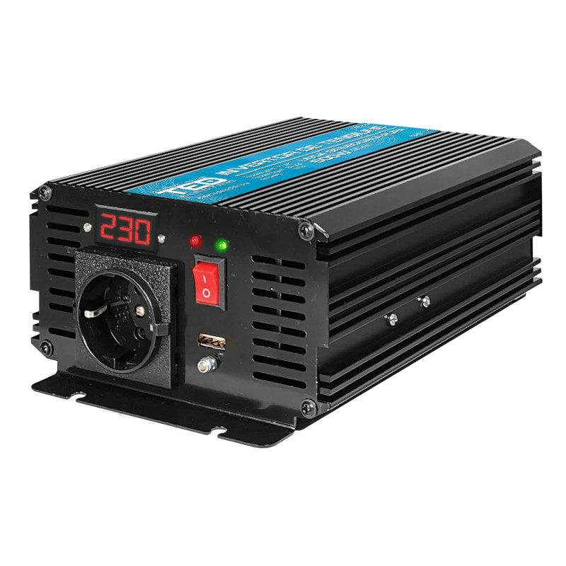 500/1000 W grynos sinusinės bangos galios keitiklis, 12 V–230 V, 230 V + USB, skaitmeninis ekranas