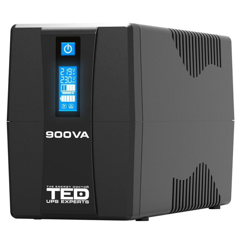 900 VA 500 W UPS linijinis interaktyvusis įrenginys – LCD ekranas – 2 išėjimai, 12 V 9 Ah baterija