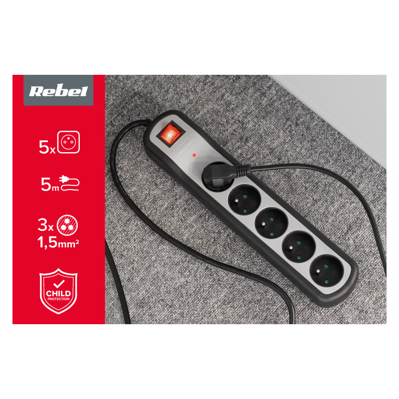 Electrical Extension Cord 5 sockets with switch 3m, 3x1.5 mm