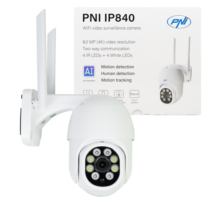 Belaidė vaizdo stebėjimo kamera PNI IP840 WiFi, PTZ, 8MP 4K, micro SD lizdas, autonominė, AI funkcijos