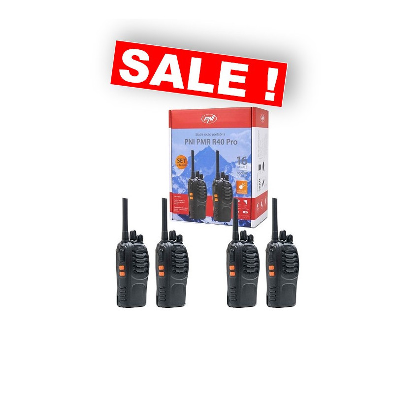4 PMR R40 PRO racijų rinkinys, baterijos, įkrovikliai ir ausinės.