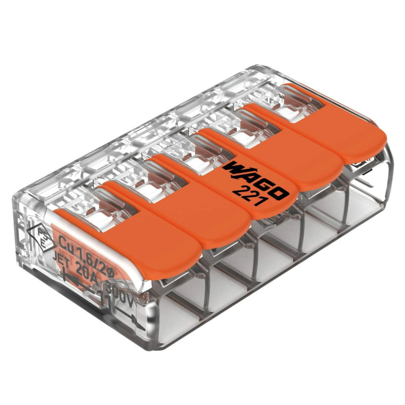 5 kontaktų gnybtas 221-415 1 vnt. Plonos gyslos laidininkas: 0,14 4 mm² / 24 12 AWG