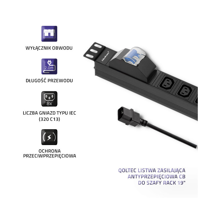 PDU power strip for RACK 19" with CB, 1U, 10A, 8xIEC C13, 2m