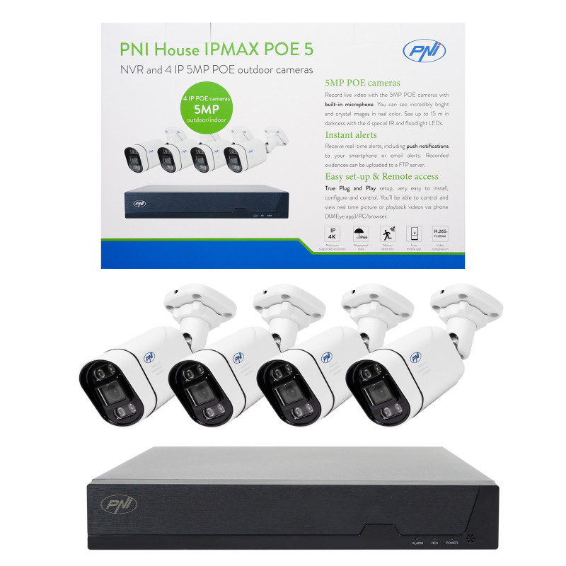 POE PNI House IPMAX POE 5 video surveillance kit, NVR with 4 POE ports and 4 5MP IP cameras