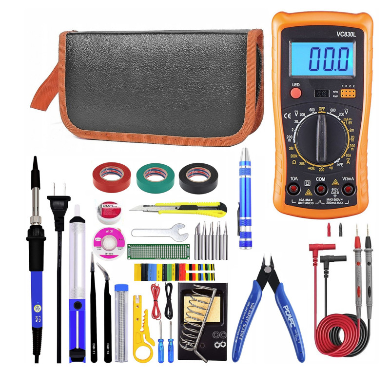 Large electronic tool kit with soldering iron and multimeter