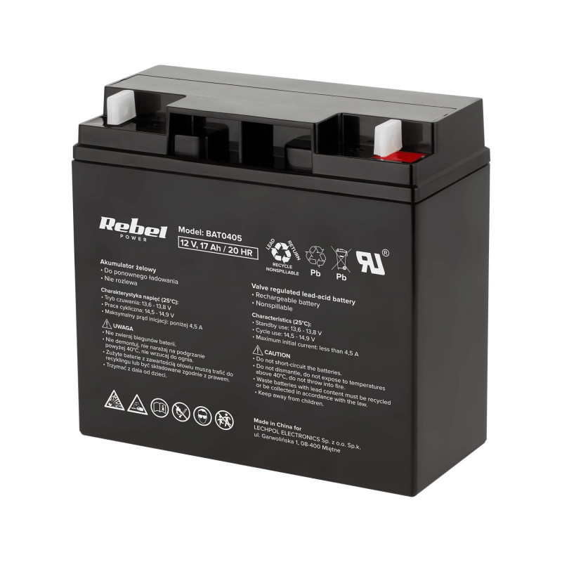 12 V 17 Ah akumuliatorius :: Gelio (GEL) :: Gnybto tipas T1 (4,75 mm) REBEL