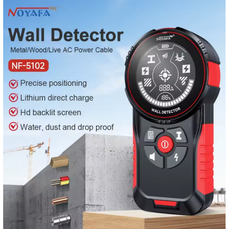 Professional wall detector: AC/metal/wood finder, VA display, IP54, Type-C charging, weight 152g
