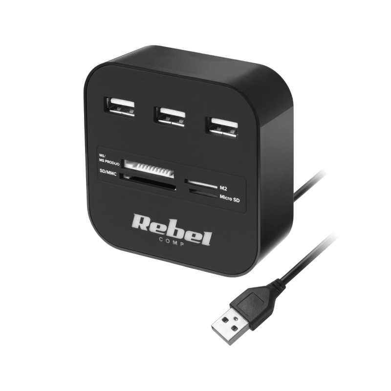 USB 2.0 šakotuvas + SD kortelių skaitytuvas, 3 USB prievadai, SD/SDHC/SDXC, microSD, MS, MMC, 480 Mb/s