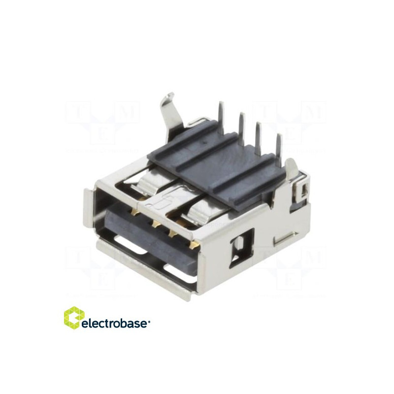 Jungtis: USB A, lizdas, THT, PIN: 4, 90° kampu, USB 2.0