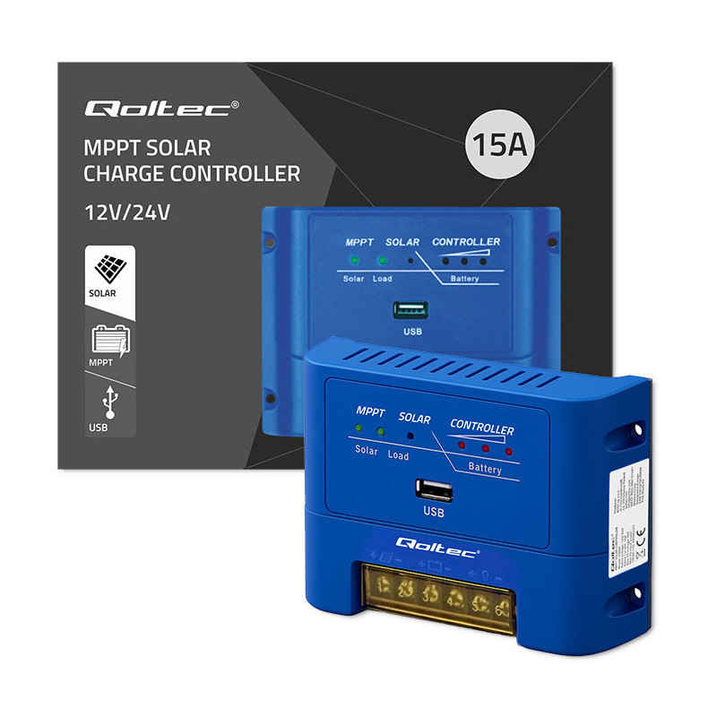 MPPT 15A solar panel charge controller 12/24V, 99% efficiency, Compatible with AGM, GEL, LiFePO