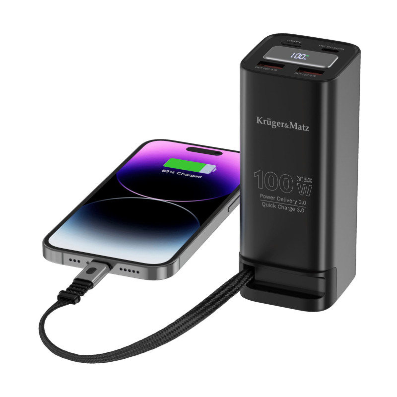 20 000 mAh greitas 100 W įkroviklis-akumuliatorius (išorinė baterija) su ekranu, integruotu USB-C laidu