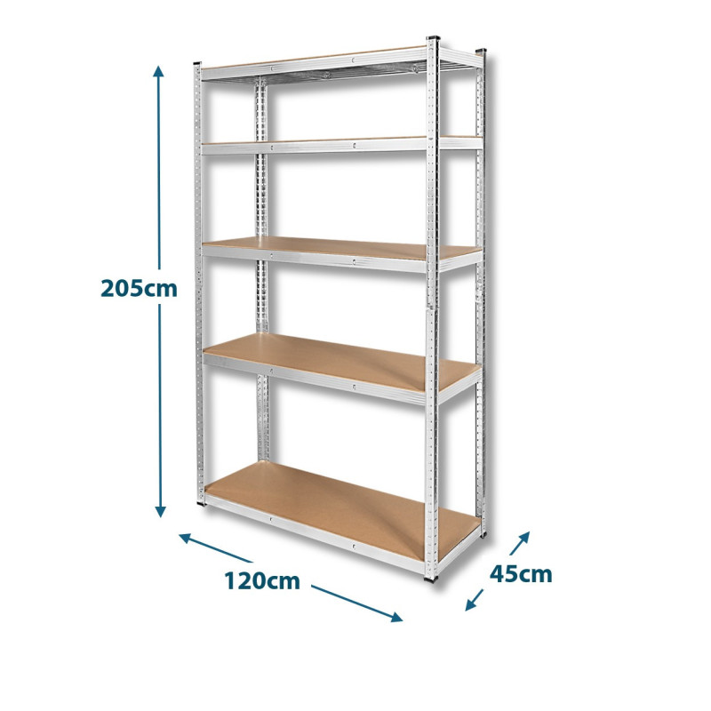 Durable, transformable metal shelf 205x120x45 cm, for home, office, garage, silver galvanized