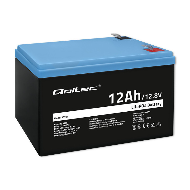 Qoltec LiFePO4 lithium iron phosphate battery, 12.8V, 12Ah, 153.6Wh, BMS