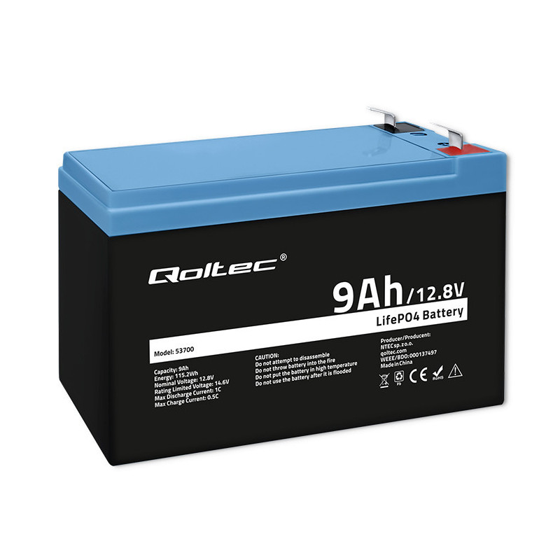 LiFePO4 lithium iron phosphate battery, 12.8V, 9Ah, 115.2Wh, BMS, QOLTEC