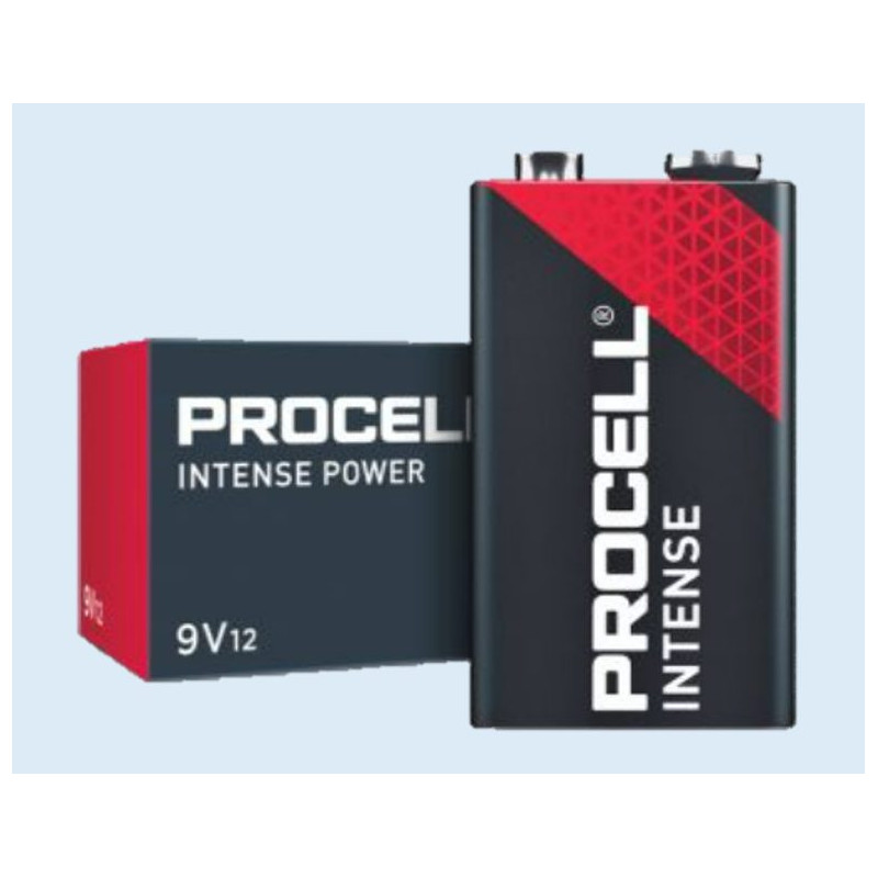6F22 / 9V baterija 9V Duracell Procell INTENSE POWER serijos šarminė, daug energijos naudojanti, įsk. 10 vnt.