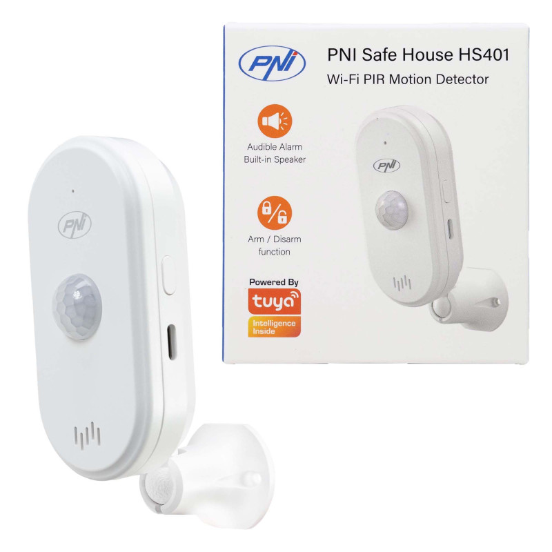 PIR motion sensor with Wi-Fi, Tuya app, 80dB alarm, speaker, 5V USB-C power supply