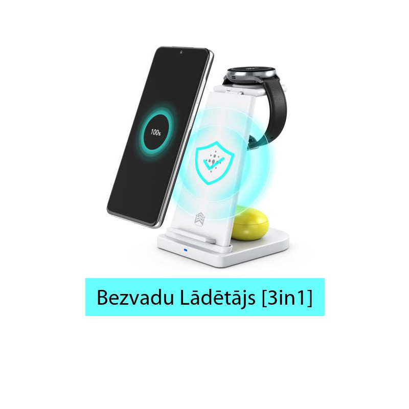 3in1 belaidis įkroviklis „Android“ telefonams, „Buds“ ausinėms ir laikrodžiams.
