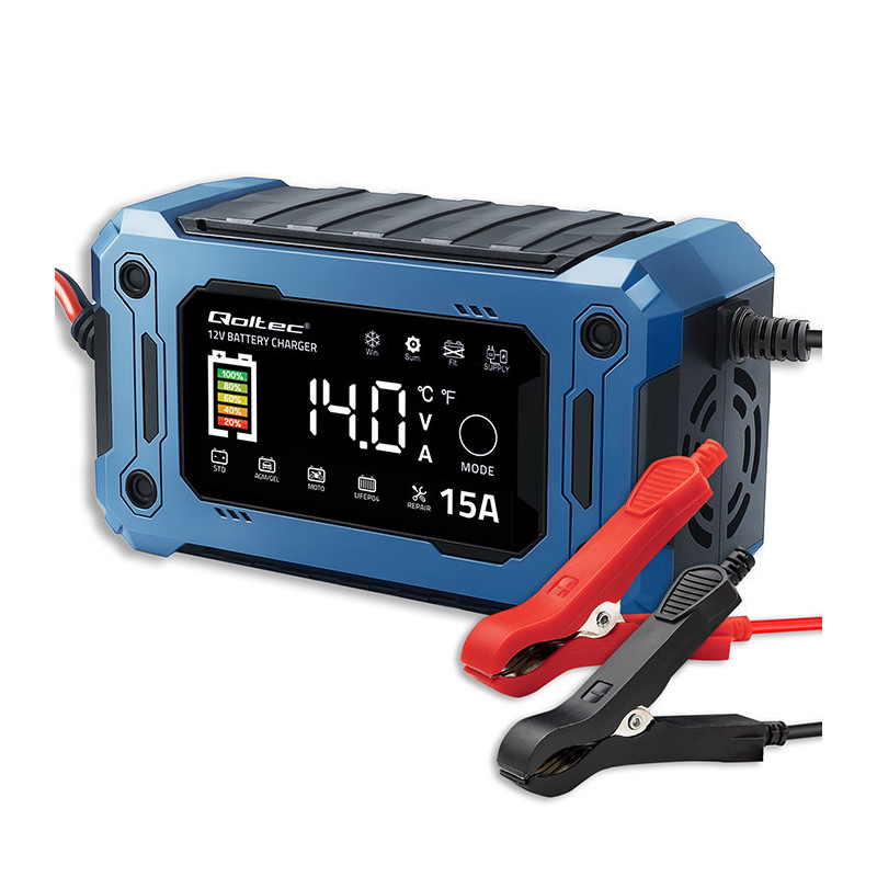 Išmanus 12 V 15 A įkroviklis su mikroprocesoriumi ir LCD ekranu, skirtas AGM, GEL, SLA, EFB, LiFePO4 akumuliatoriams