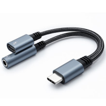 Qoltec Adapter 2in1 USB-C, USB-C, Jack 3.5mm, PD 15W, 10cm, aluminum
