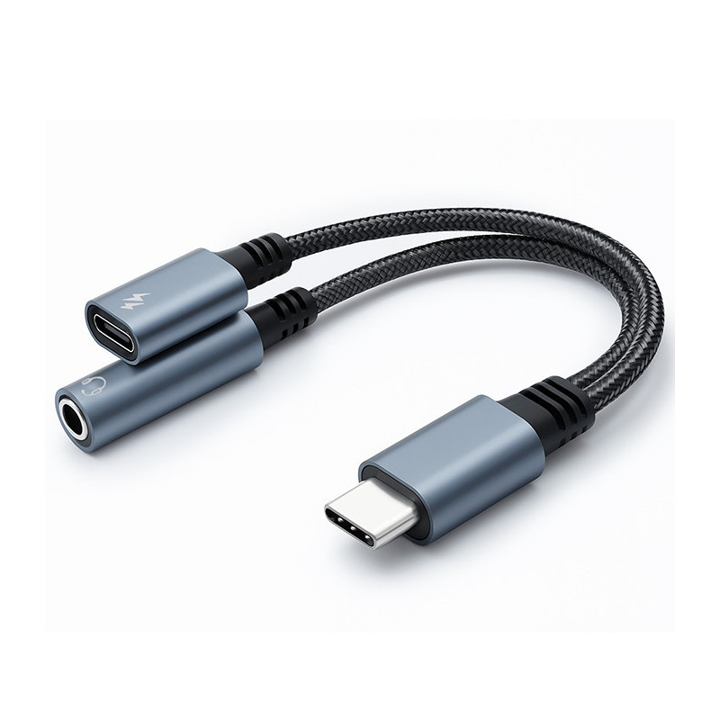 Qoltec Adapter 2in1 USB-C, USB-C, Jack 3.5mm, PD 15W, 10cm, aluminum