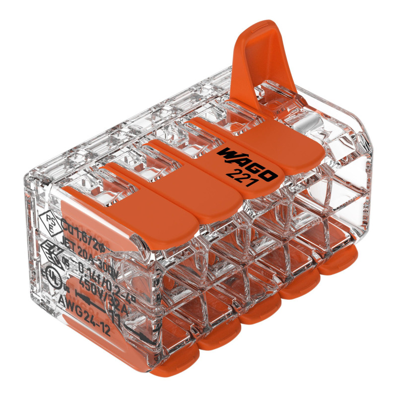 10 kontaktų gnybtas 221-420, 15 vnt. Plonos gyslos laidininkas: 0,14/4 mm² / 24/12 AWG