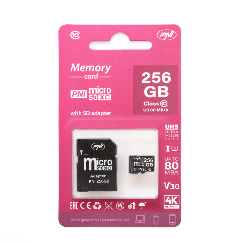 „MicroSDXC 256GB“ atminties kortelė su SD adapteriu, 10 klasė, 80 Mb/s, V30, SDXC, UHS 3 greičio klasė