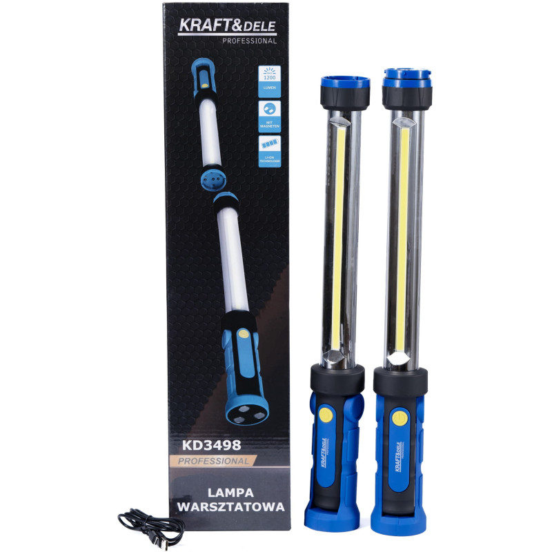 Battery-powered dual LED work light, 2x10W COB, 1200lm, USB-C, magnet, hook