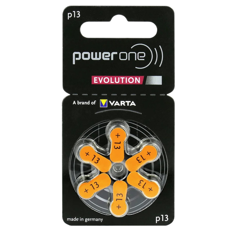 Size 13, Hearing Aid Batteries Varta Power one Evolution Zn-Air PR48 in a pack of 6 pcs.