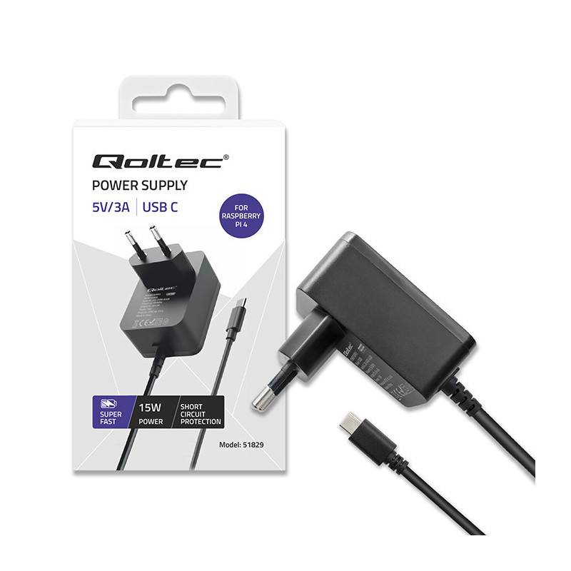 Maitinimo šaltinis: impulsinis, tinklo, įjungiamas, 5 V nuolatinės srovės, 3 A, 15 W, išvestis: USB C, Raspberry PI 4