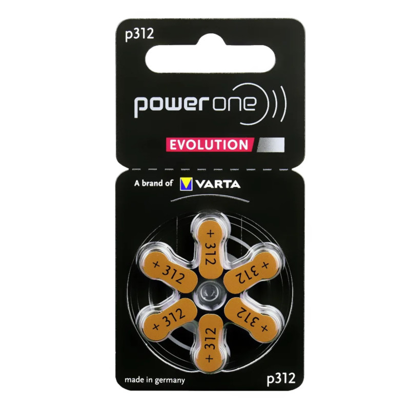 Size 312, Hearing Aid Batteries Varta Power One Evolution Zn-Air PR41 in a pack of 6 pcs.