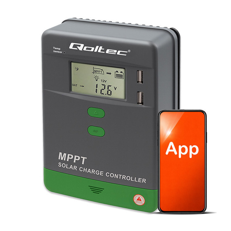 Saulės įkrovimo valdiklis MPPT su temperatūros jutikliu 40A, 12V / 24V, LCD, 2 x USB, Bluetooth,
