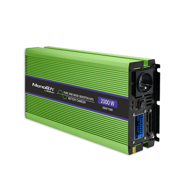 Qoltec Pure Sine Wave Inverter Monolith, battery charger, UPS, 1000W, 2000W, 12V to 230V, LCD
