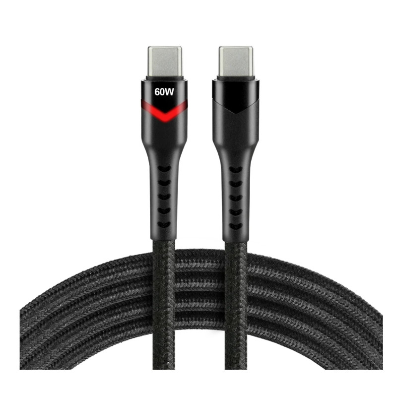 Durable nylon braided USB-C cable, 200 cm, Fast charging 3A / 20V (60 W), Power Delivery 2.0