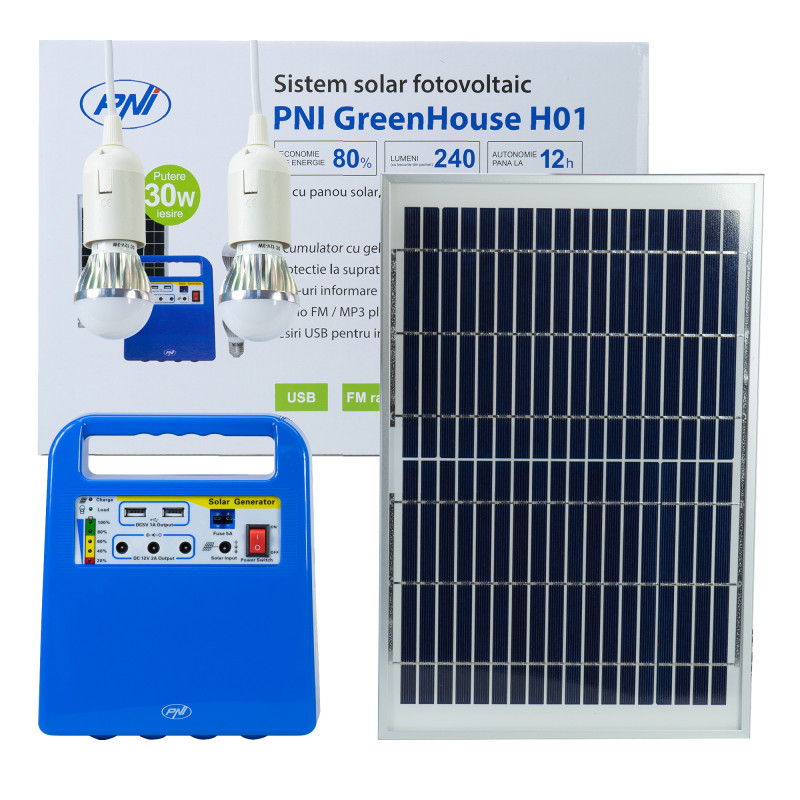 Nešiojamas saulės energijos rinkinys 10 W 12 V su 7 Ah baterija, USB ir 2 LED lemputėmis, radiju ir MP3 grotuvu