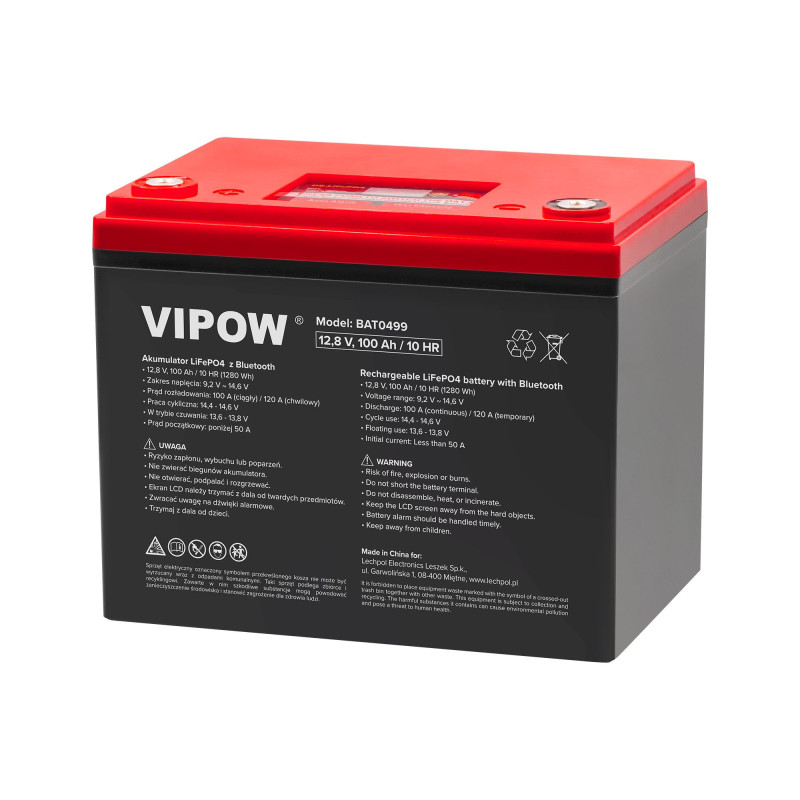 Lithium battery with digital display and Bluetooth : 12.8V 100Ah (1280Wh) : LiFePO4 : Vipow