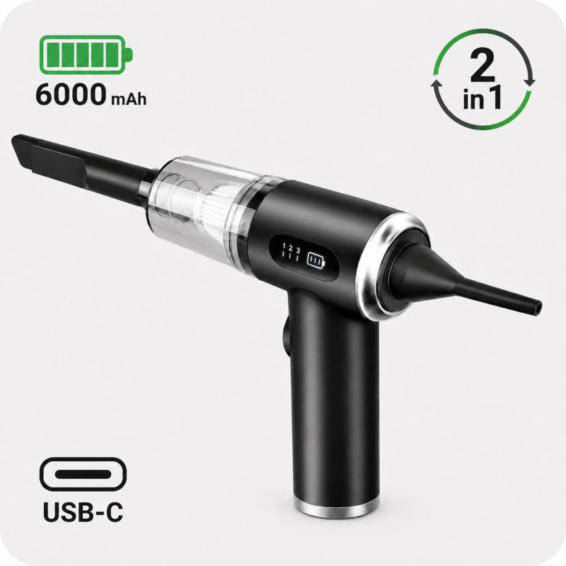 Handheld vacuum cleaner and air blower-compressor, flashlight, 6,000 mAh battery, TEESA