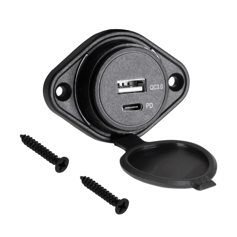 USB ir USB C tipo automobilinis įkroviklis su greito įkrovimo ir maitinimo tiekimo funkcijomis