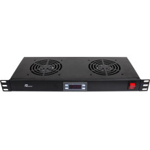 1U dvigubo ventiliatoriaus blokas 19" skirstymo spintelei, su LCD ekranu ir termostatu, GETFORT