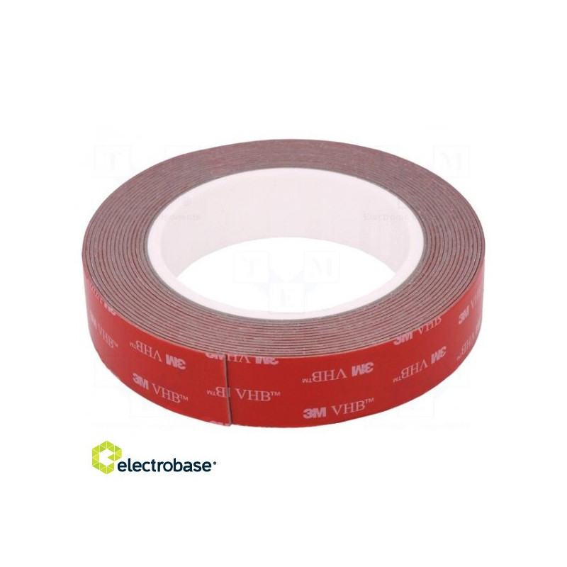 3M juosta: tvirtinimo, dvipusė lipni juosta, plotis: 25 mm, ilgis: 5 m, storis: 1,1 mm, akrilinė, pilka, maks. 230 °C