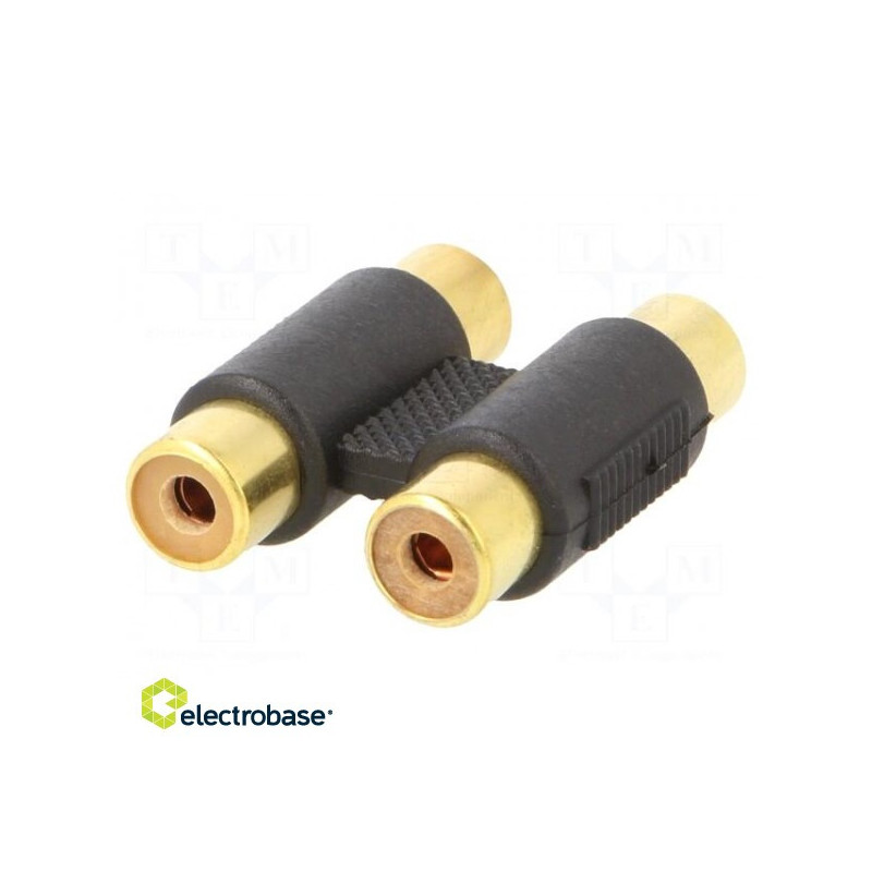 Adapteris RCA lizdas x2, abiejose pusėse. Padengimas: juodai paauksuotas.