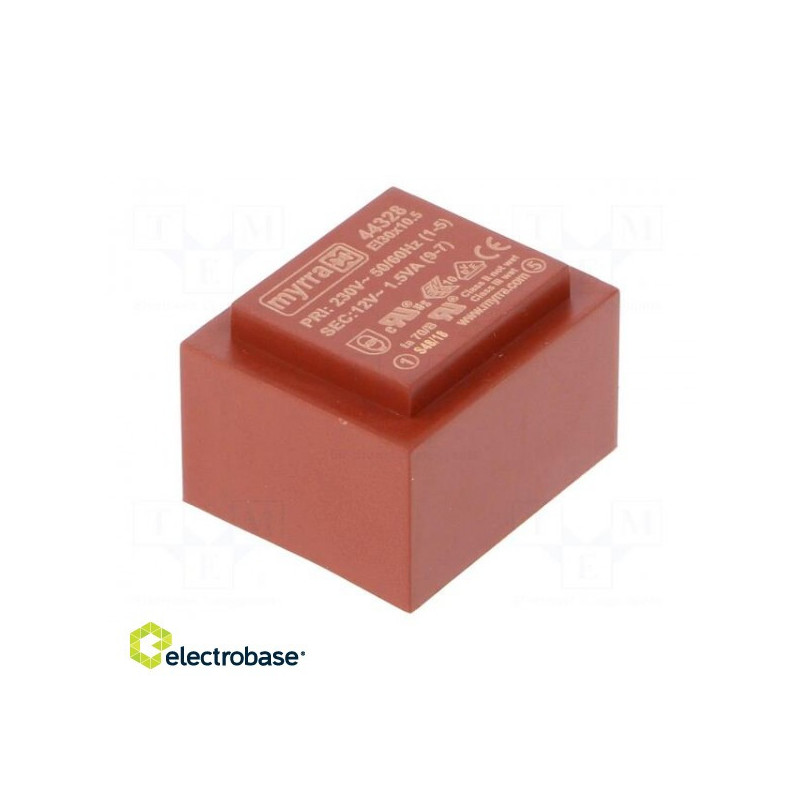 Transformatorius: kapsulėje 1,5 VA 230 VAC 12 V 125 mA Tvirtinimas: PCB