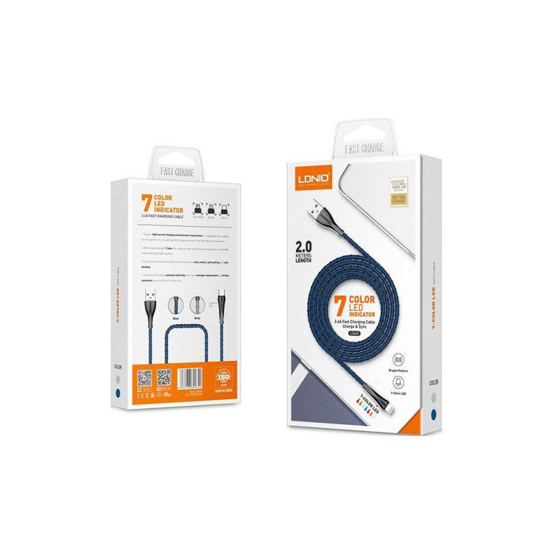 Durable USB-C-USB fast charging cable with LED indication, 2m, 2.4A