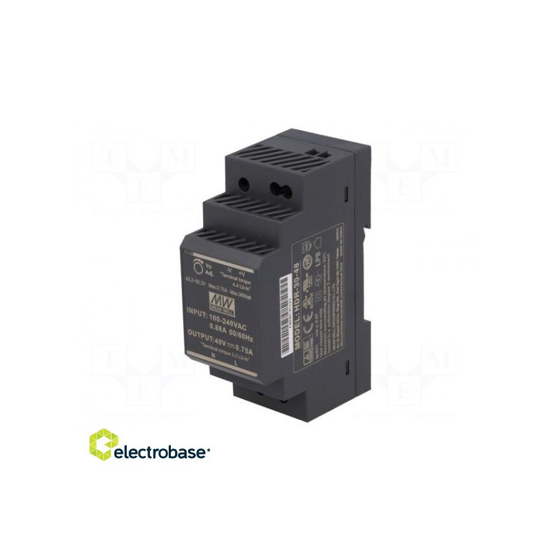 Maitinimo šaltinis: impulsinis 36W 48VDC 43.2÷55.2VDC 0.75A 120g