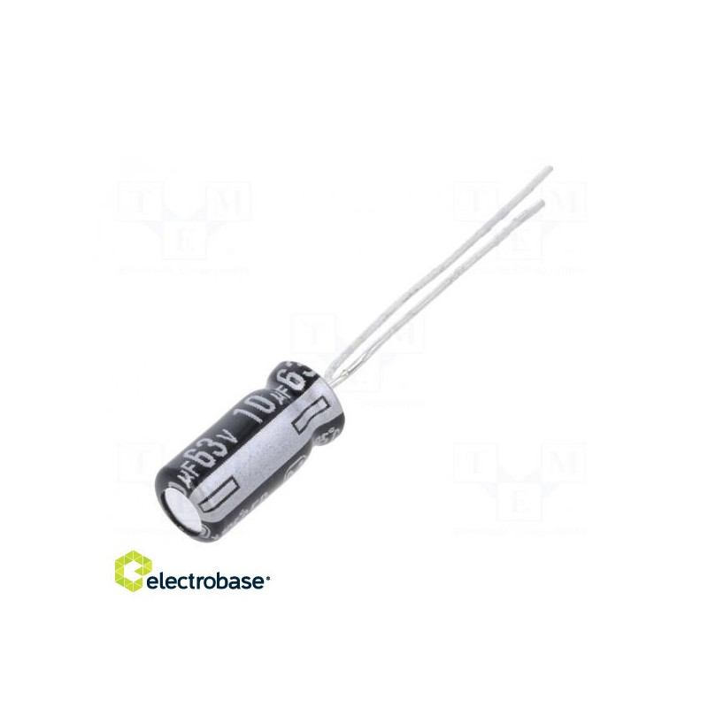 Capacitor: electrolytic THT 10uF 63VDC ¨5x11mm Pitch: 5mm ±20%