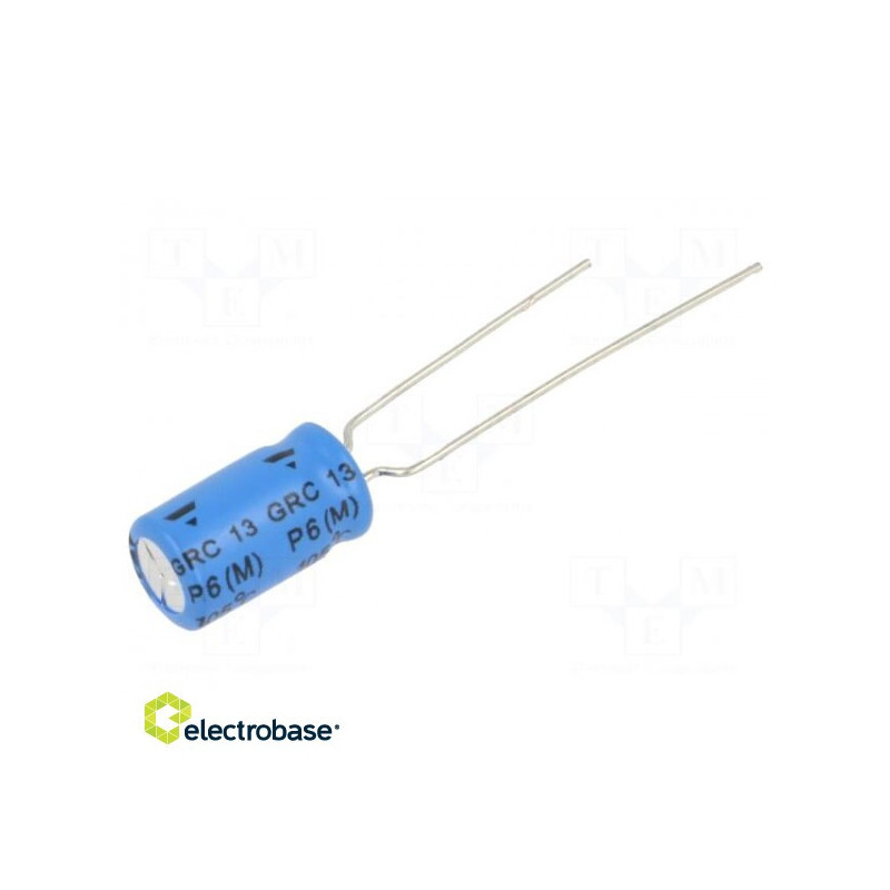Kondensatorius: elektrolitinis, THT, 10uF, 100VDC, žingsnis: 2,5 mm, ±20%
