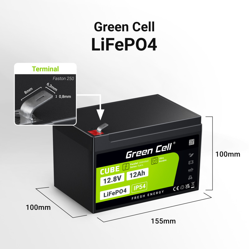 Green Cell CUBE LiFePO4 12Ah 12.8V 153.6Wh Lithium Iron Phosphate Battery for Wheelchair Toy Scooter (85076000)